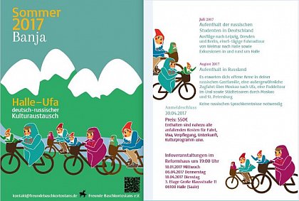 Der Fleyer zum Halle-Ufa-Austausch im Jahr 2017 zeigt
fahrradfahrende Matrojschkas und die wichtige Information
zum Austausch